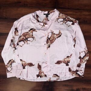 Midnight Bakery Pink Satin Wild Horse Equestrian Western Pajama Top Women’s L